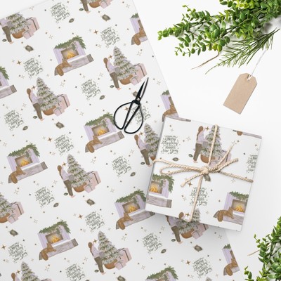 Festive Holiday Greetings Wrapping Paper Roll Christmas Tree and Cat Gift Wrap