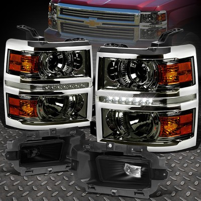 ДЛЯ 2014-2015 CHEVY SILVERADO КОПЧЕНАЯ СВЕТОДИОДНАЯ ФАРА ПРОЕКТОРА DRL + ТОНИРОВАННАЯ ПРОТИВОТУМАННАЯ ФАРА
