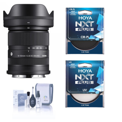 Современный объектив Sigma 18-50mm f/2.8 DC DN с L-образным креплением и комплектом фильтров UV+CPL 55 мм