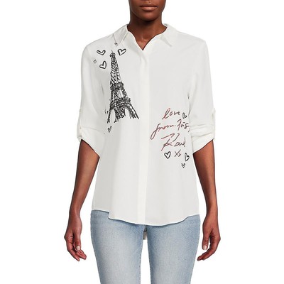 Karl Lagerfeld Paris Womens White Printed Blouse Button-Down Top L BHFO 3848