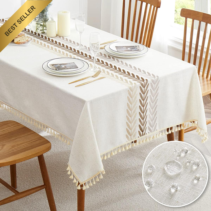 Linens Rectangle Tablecloths, Waterproof Embroidery Leaf Table Cloth with Tassel