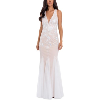 

Женское бежевое вечернее платье с цветочной вышивкой Betsy - Adam  BHFO 7942, White blush