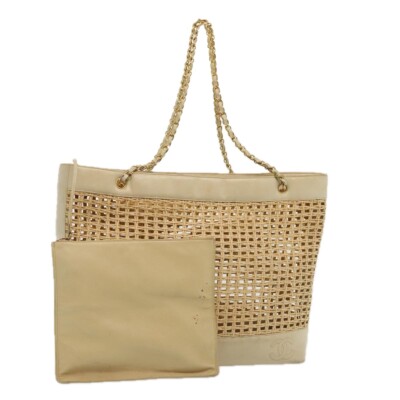 CHANEL COCO Mark Chain Tote Bag Straw Leather Beige Gold CC