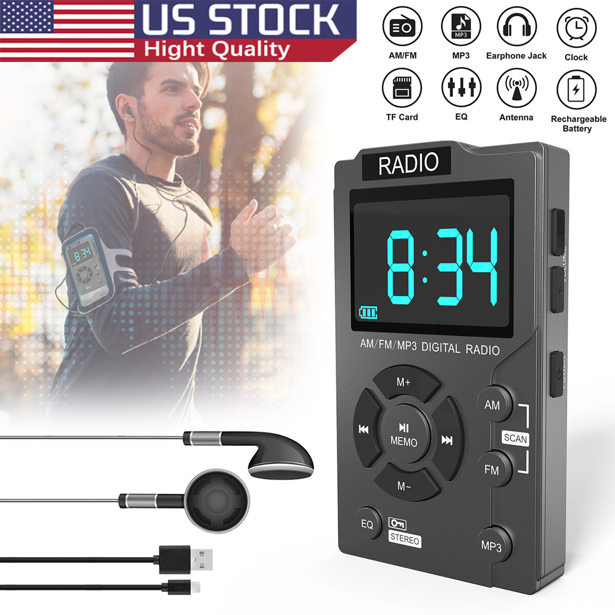 Portable Mini Digital AM FM MP3 Radio FMStereo MP3Player HIFI Music Rechargeable