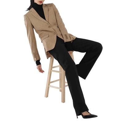 Pre-owned Burberry Ladies Pecan Melange Faux Crystal Pinstripes Wool Jersey Jacket, Brand In Brown