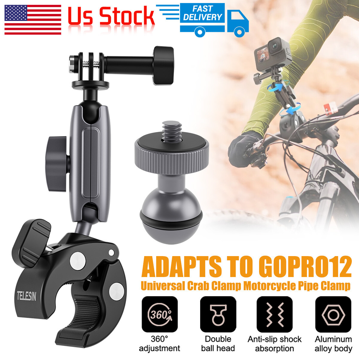 For GoPro 12 11 10 9 Camera Mount Motorcycle Bike Handlebar 