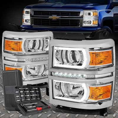 ДЛЯ 14-15 CHEVY SILVERADO СВЕТОДИОДНАЯ U-ОБРАЗНАЯ ХРОМИРОВАННАЯ/ЯНТАРНАЯ ФАРА ПРОЕКТОРА + НАБОР ИНСТРУМЕНТОВ