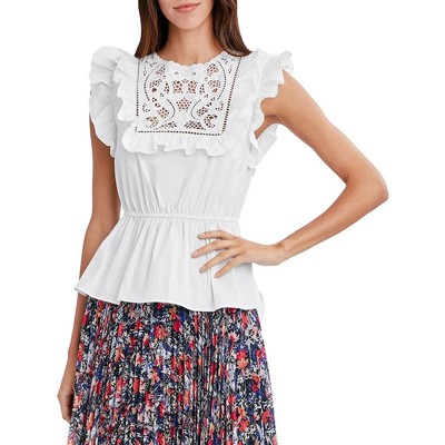 BCBGMAXAZRIA Женская белая рубашка-стрейч с оборками, пуловер, топ, блузка XS BHFO 1347
