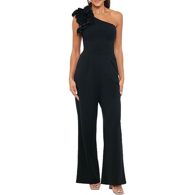 Xscape Womens Black One Shoulder Ruffle Casual Jumpsuit Petites 12P BHFO 1761