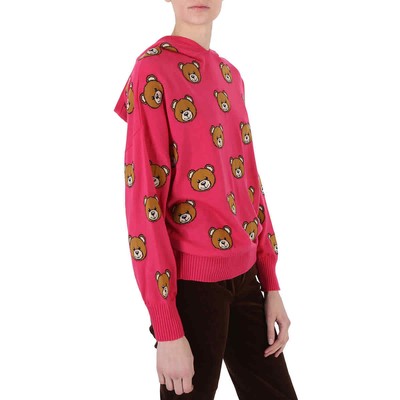 Pre-owned Moschino Fucsia Teddy Bear Intarsia Hooded Sweater, Brand Size 38 (us Size 4) In Pink