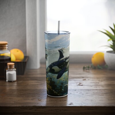 Killer Whales in the Ocean Skinny Steel Tumbler with Straw, 20oz