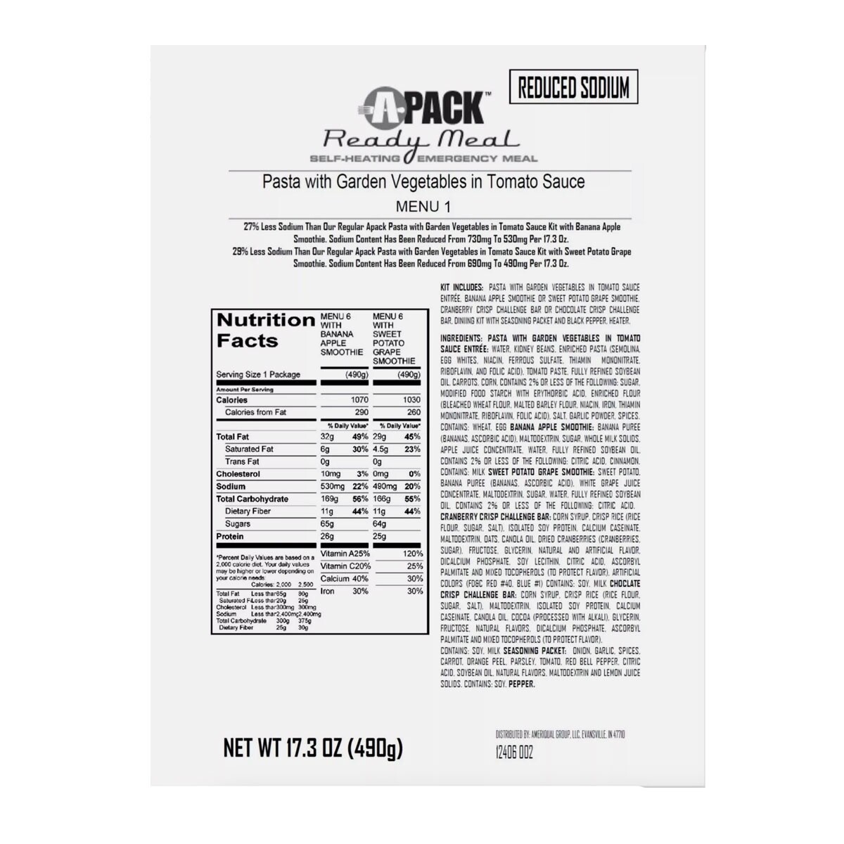 MRE APack Reduced Sodium - Single Meals, Case or Pallet Options 10/24 insp date!