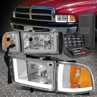 ДЛЯ 94-02 DODGE RAM 1500 LED DRL ХРОМИРОВАННЫЙ КОРПУС ЯНТАРНЫЕ УГЛОВЫЕ ФАРЫ + НАБОР ИНСТРУМЕНТОВ
