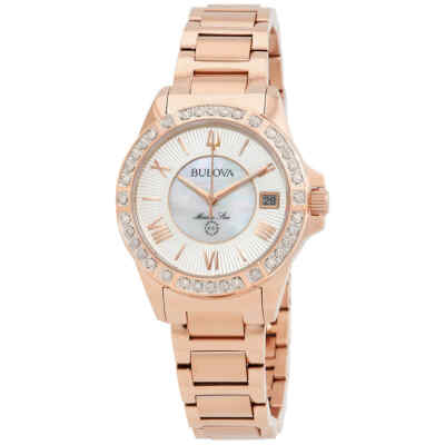 Pre-owned Bulova Marine Star Quartz Diamond White Mop Dial Ladies Watch 98r295