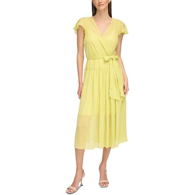 Женское желтое шифоновое платье с запахом цвета металлик от Calvin Klein, 4 BHFO 6295