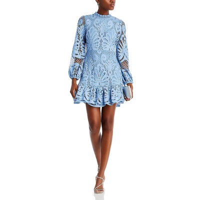 Aqua Womens Blue Mini Lace Mock Neck Fit & Flare Dress L BHFO 5165