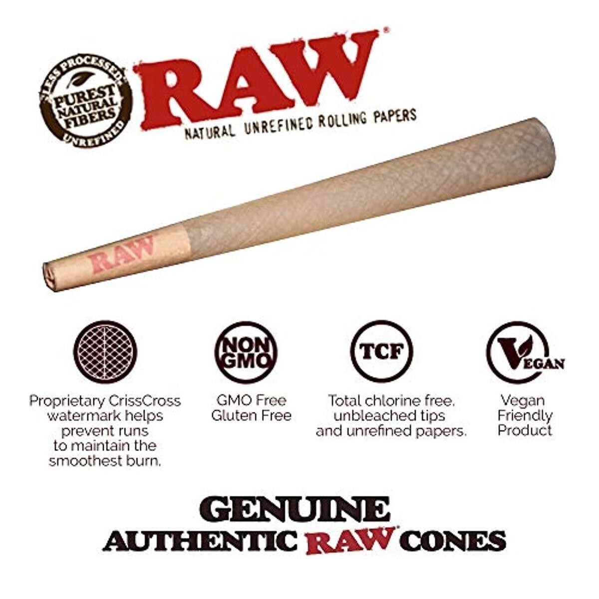 Authentic RAW Classic King Size W/Filter Tip Pre-Rolled Cones 200 Pack & Tube