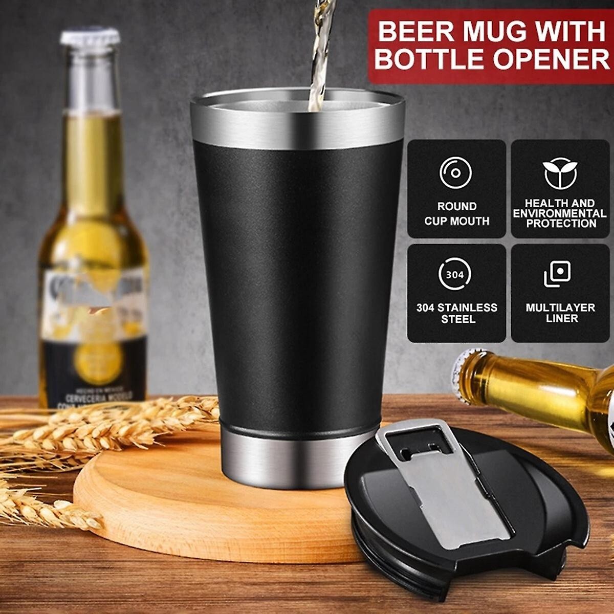 Tazza Termica Thermos Con Apribottiglie Birra Bevande Freddo Caldo Cup Solo reb