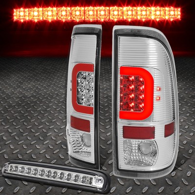 ДЛЯ 99-07 FORD SUPER DUTY КРАСНЫЕ 3D СВЕТОДИОДНЫЕ ЗАДНИЕ ФОНАРИ C-ОБРАЗНОЙ ФОРМЫ + ТРЕТИЙ СТОП-СИГНАЛ (ХРОМ)