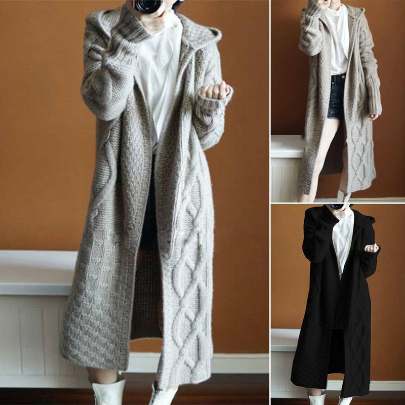 Damen Strick Kapuze Jacke Mantel Lange Cardigan Strickjacke Longjacke Outwear