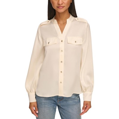 Karl Lagerfeld Paris Womens Ivory Satin Blouse Button-Down Top Shirt M BHFO 1935