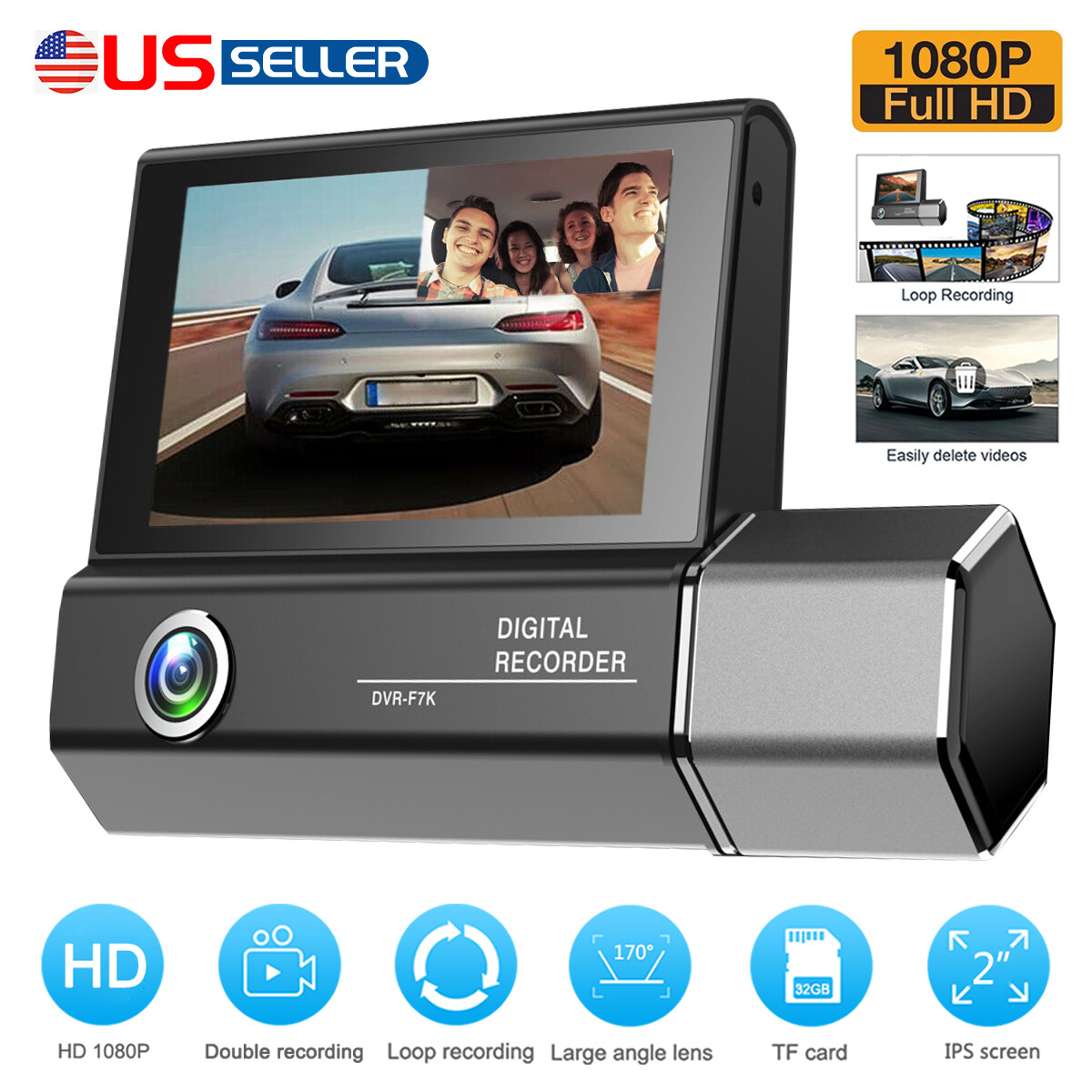 32G+ 4in Car Dual Lens Dash Cam HD 1080P Front/Rear/Inside Video Recorder Camera