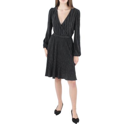 DKNY Womens Black-Ivory Pleat Dot Print Surplice Fit & Flare Dress 14 BHFO 5832
