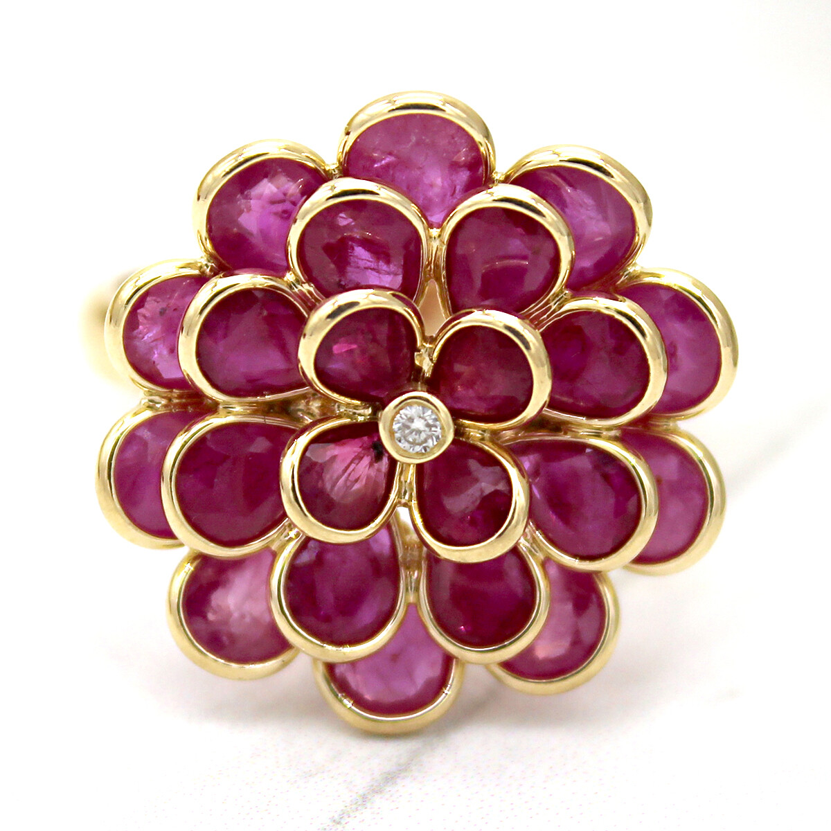 Pre-owned Archariel Natural Flower Ruby Diamond Statement Ring 14kt Solid Yellow Gol Meaniful Gift In Red