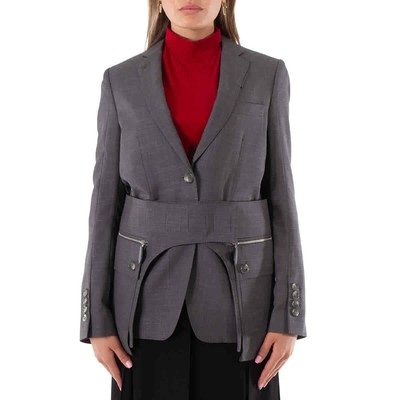 Pre-owned Burberry Charcoal Grey Wool Silk Mohair Linen Blazer With Cargo Belt Detail, In Gray