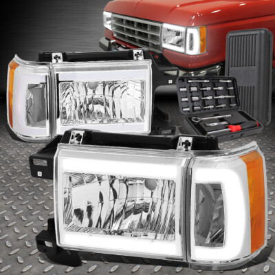 ДЛЯ 87-91 FORD F150-350 BRONCO LED DRL ХРОМИРОВАННАЯ ЯНТАРНАЯ ФАРА ГОЛОВНОГО СВЕТА + НАБОР ИНСТРУМЕНТОВ