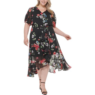 Женское черное шифоновое длинное платье макси с цветочным рисунком DKNY Plus 22W BHFO 6664