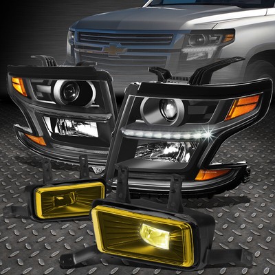 ДЛЯ 2015-2017 CHEVY TAHOE/SUBURBAN ЧЕРНАЯ ЯНТАРНАЯ СВЕТОДИОДНАЯ ФАРА DRL + КОМПЛЕКТ ПРОТИВОТУМАННЫХ ФАР