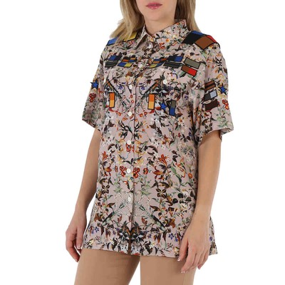 Pre-owned Burberry Badge Appliques Iris Floral-print Silk Crepe De Chine Oversized Shirt, In Beige