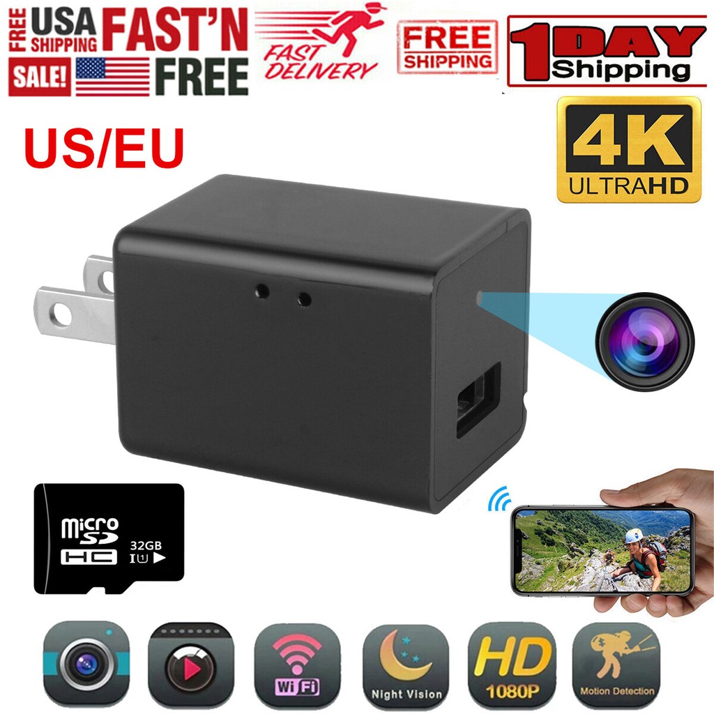 4K USB charger-shaped spy camera with features icons.