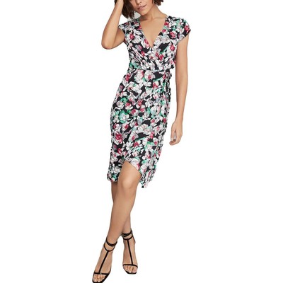 BCBGMAXAZRIA, женское черное платье миди с цветочным принтом и запахом, L BHFO 3101