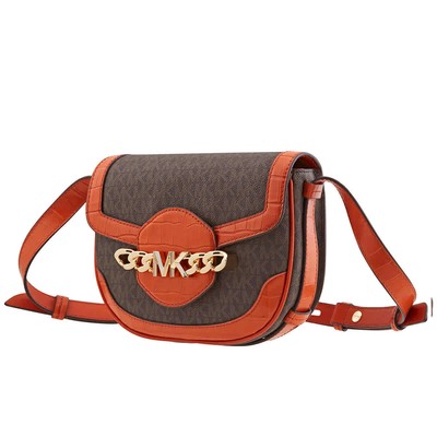 Pre-owned Michael Kors Hally Signature Logo-print Saddle Crossbody Bag 30f1g2hm2e In Orange