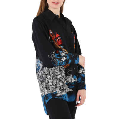 Pre-owned Burberry Ladies Mermaid Printed Silk Shirt In Black