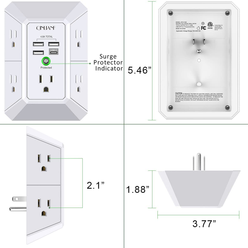 Wall Charger+Surge Protector+5 Outlets+4 USB Port+Power Strip+Multi Plug Adapter