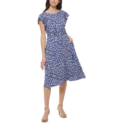 

Женское синее платье миди с короткими рукавами и рюшами Jessica Howard Petites  BHFO 3571, Periwinkle multi