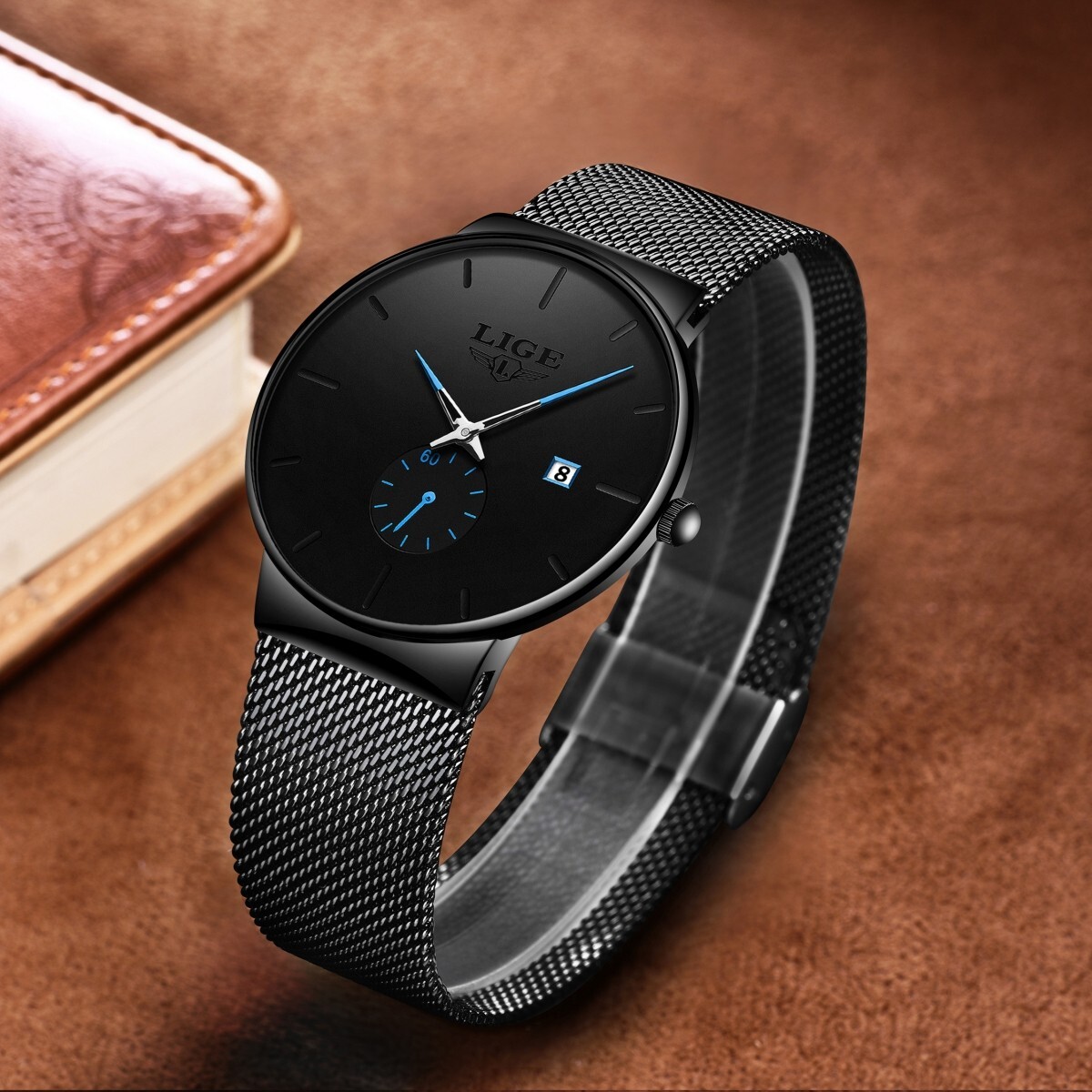 LIGE Men's Watch Quartz Analog Calendar 3ATM Waterproof Wristwatch High Quality