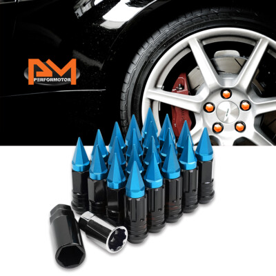 M12X1.5 Sky Blue JDM Wheel Lug Nuts+Spline Locks+Spiked Cap+Key 25mmx75mm 20Pc