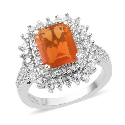 WOW! 2.80ctw Jalisco Fire Opal &Zircon Ring Platinum Plated Size 7, 8 & 9