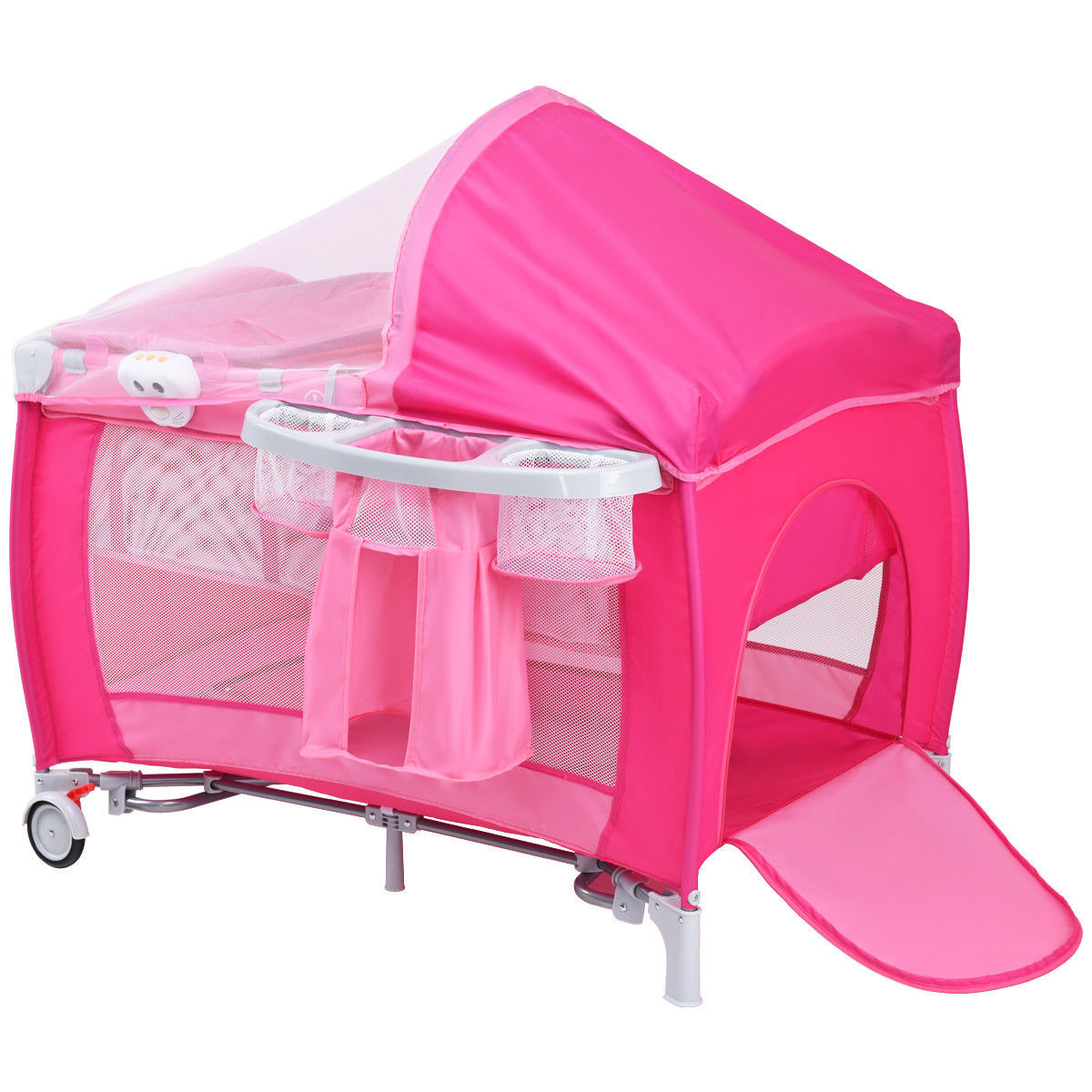 pink playpen with bassinet