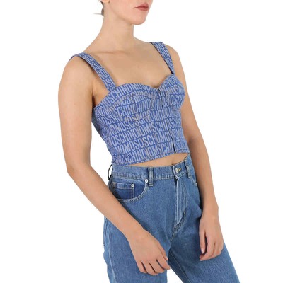 Pre-owned Moschino Ladies Fantasy Print Blue Monogram Denim Cropped Top In Multicolor