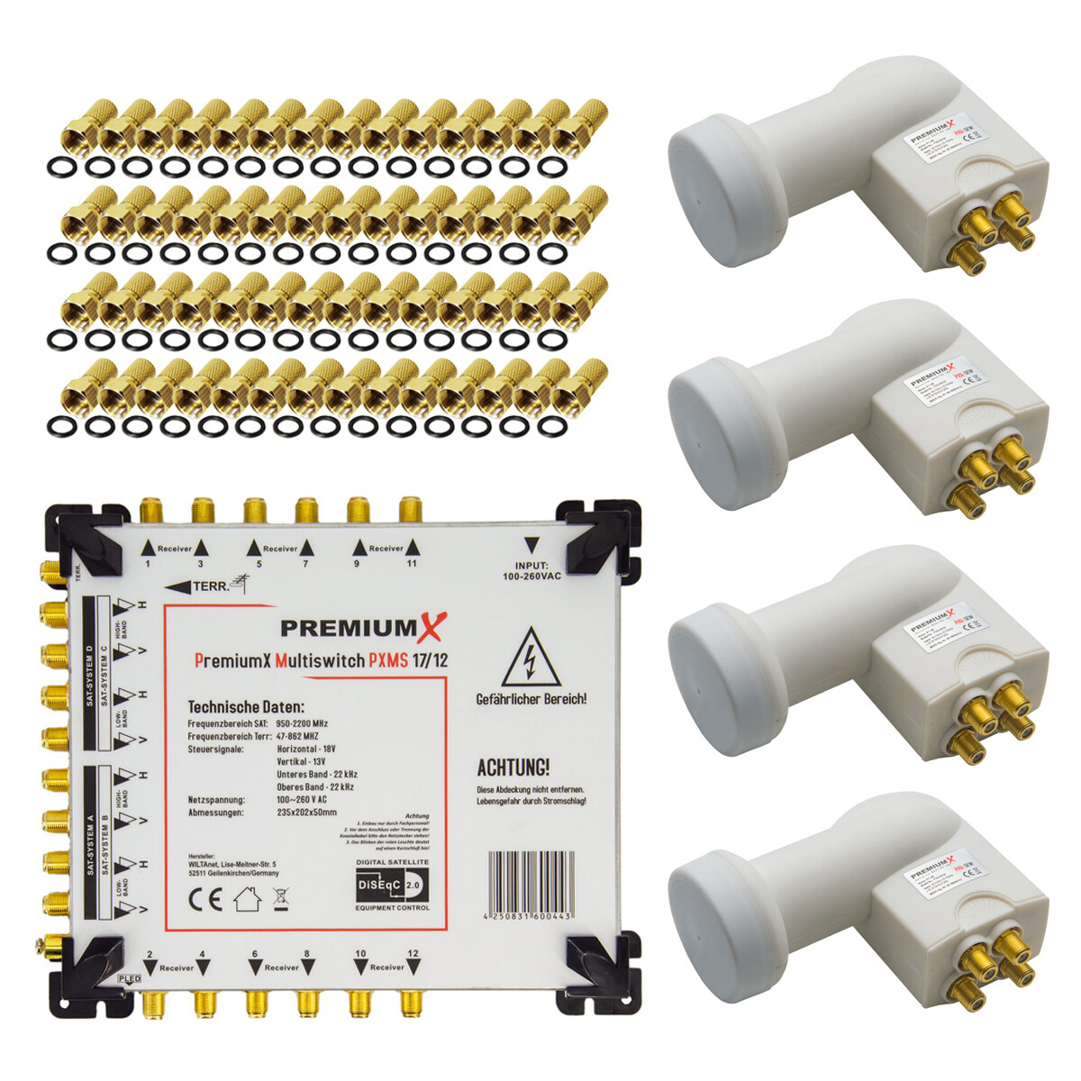 PremiumX Multiswitch 17-12 Multischalter 4x Quattro LNB SAT Switch Montage Set