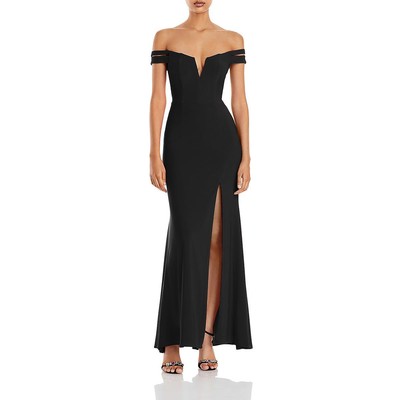 Aqua Womens Black V Neck Off-The-Shoulder Slit Formal Dress Gown 4 BHFO 6472