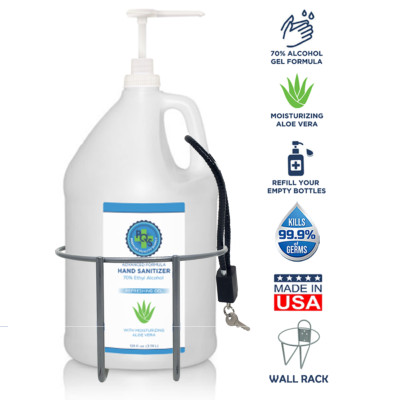 Hand Sanitizer Gel 1 Gallon 128OZ - 70% Alcohol, Aloe, Lemon W/ Pump, Rack, Lock