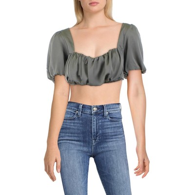 

Guess женский зеленый атласный модный укороченный топ с пышными рукавами  BHFO 8665, Asphalt green