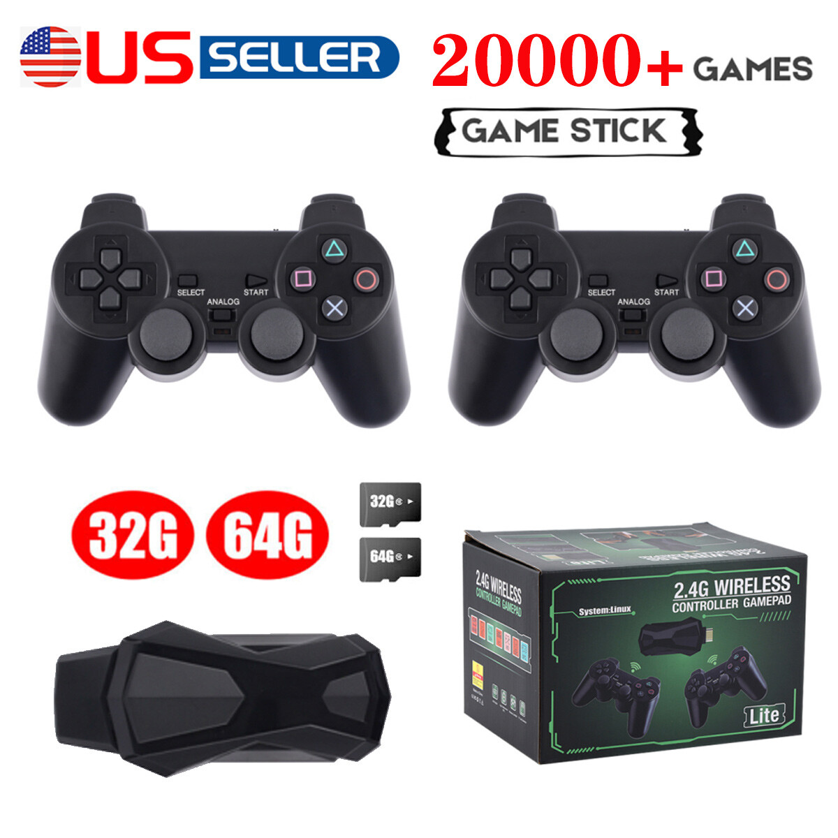 4K HDMI Wireless Video Game Console Retro 20000+Games TV Stick 64G+2 Controllers