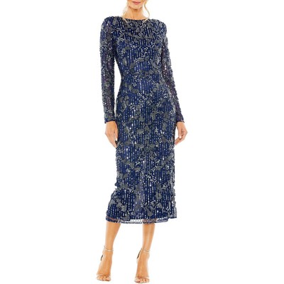 Mac Duggal Womens Navy Embellished Midi Cocktail And Party Dress 4 BHFO 3452